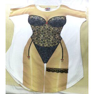 NOS Sexy Black Lace Lingerie Print Novelty Cover Up Beach T-Shirt Fun Graphic Te